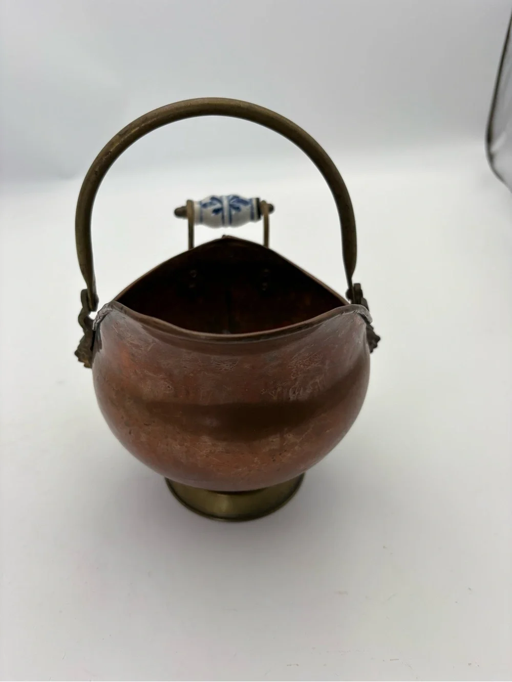 Vintage Copper Coal Scuttle with Brass and Blue and White Porcelain Handle